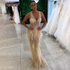 Serene Hill Gold Sexy High Split Mermaid Evening Dresses Gowns Backless Luxury Beaded Feather 2025 For Women Party LA71583 - SERENE HILL