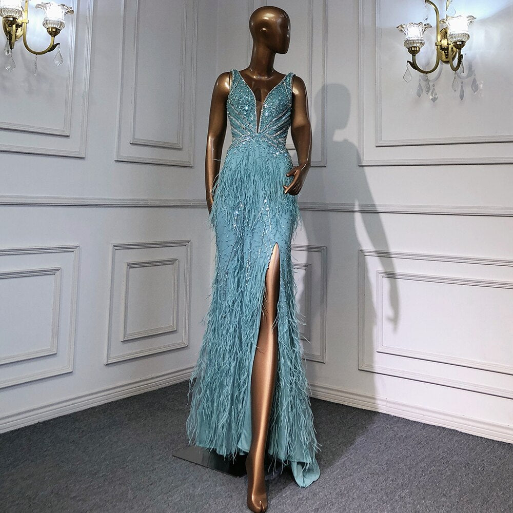 Serene Hill Gold Sexy High Split Mermaid Evening Dresses Gowns Backless Luxury Beaded Feather 2025 For Women Party LA71583 - SERENE HILL