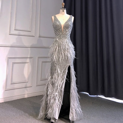 Serene Hill Gold Sexy High Split Mermaid Evening Dresses Gowns Backless Luxury Beaded Feather 2025 For Women Party LA71583 - SERENE HILL