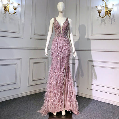 Serene Hill Gold Sexy High Split Mermaid Evening Dresses Gowns Backless Luxury Beaded Feather 2025 For Women Party LA71583 - SERENE HILL
