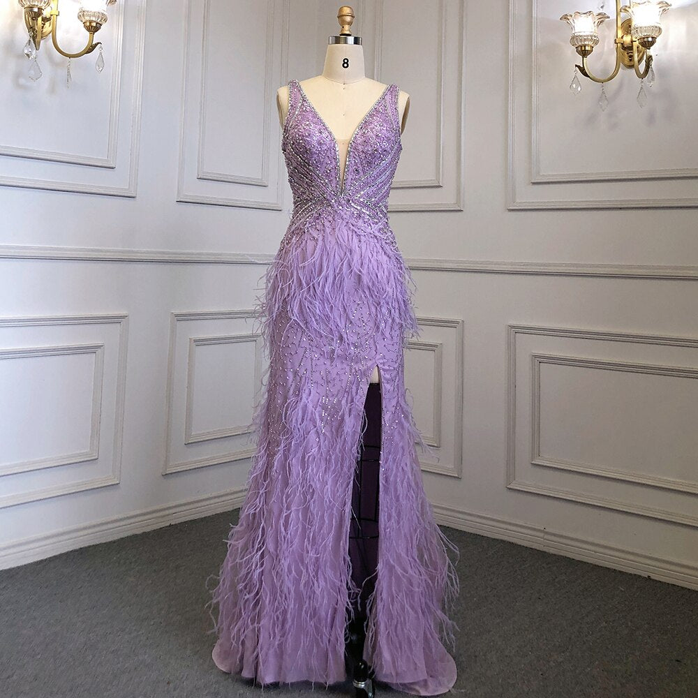 Serene Hill Gold Sexy High Split Mermaid Evening Dresses Gowns Backless Luxury Beaded Feather 2025 For Women Party LA71583 - SERENE HILL