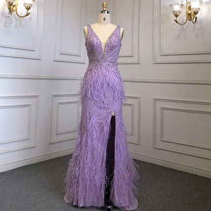 Serene Hill Gold Sexy High Split Mermaid Evening Dresses Gowns Backless Luxury Beaded Feather 2025 For Women Party LA71583 - SERENE HILL