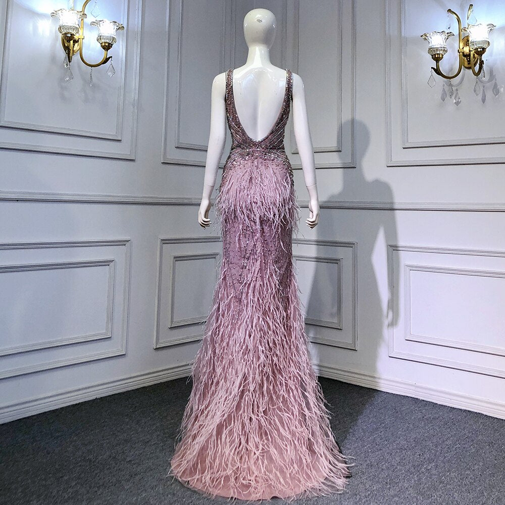 Serene Hill Gold Sexy High Split Mermaid Evening Dresses Gowns Backless Luxury Beaded Feather 2025 For Women Party LA71583 - SERENE HILL