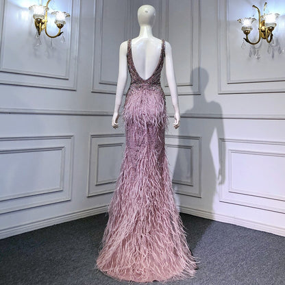 Serene Hill Gold Sexy High Split Mermaid Evening Dresses Gowns Backless Luxury Beaded Feather 2025 For Women Party LA71583 - SERENE HILL