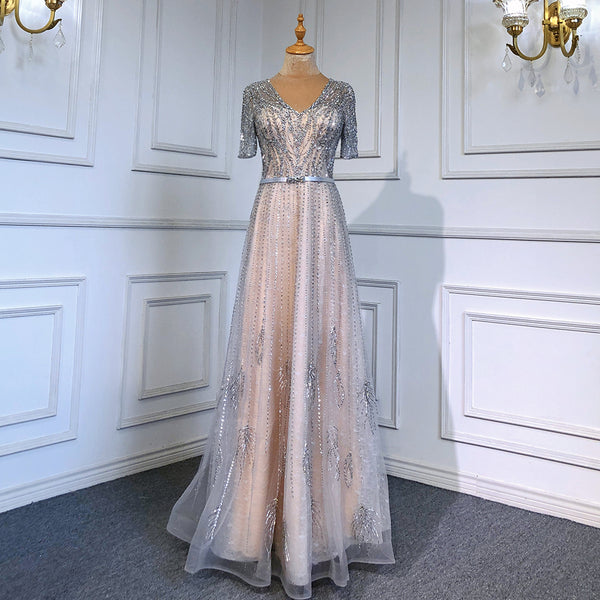 Serene Hill Gold Short Sleeves Evening Dresses Gowns 2025 Luxury Beaded A-Line For Woman Party  LA71602