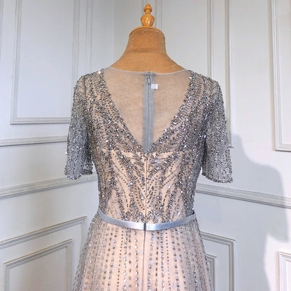 Serene Hill Gold Short Sleeves Evening Dresses Gowns 2025 Luxury Beaded A-Line For Woman Party LA71602 - SERENE HILL