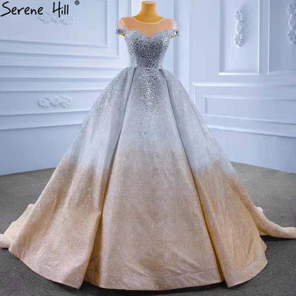 Serene Hill Gold Silver Luxury Wedding Dresses 2025 Cap Sleeve Beaded Crystal Bride Gowns HM67362 Custom Made - SERENE HILL