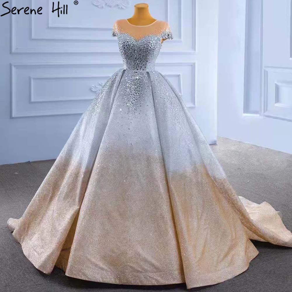 Serene Hill Gold Silver Luxury Wedding Dresses 2025 Cap Sleeve Beaded Crystal Bride Gowns HM67362 Custom Made - SERENE HILL