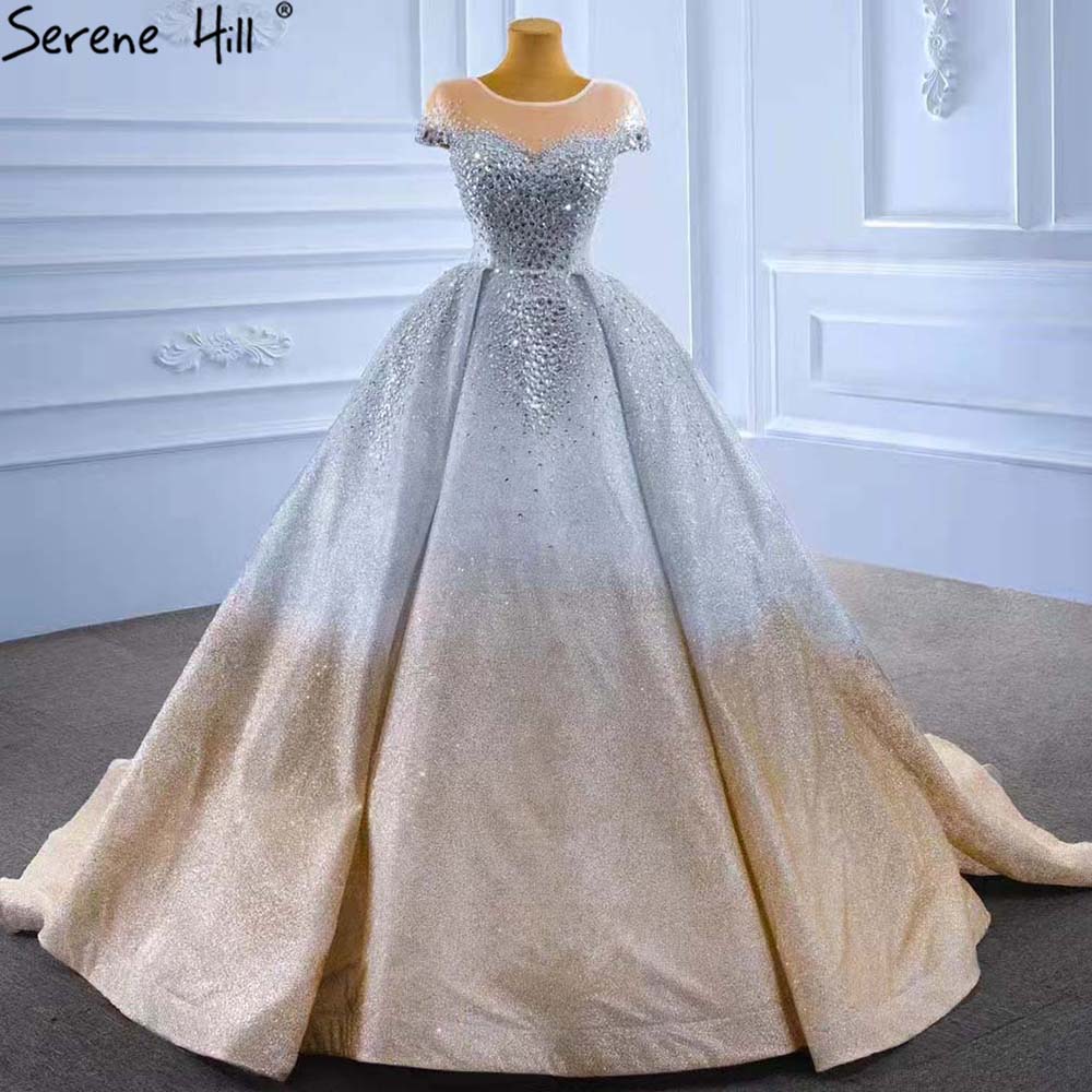 Serene Hill Gold Silver Luxury Wedding Dresses 2025 Cap Sleeve Beaded Crystal Bride Gowns HM67362 Custom Made - SERENE HILL