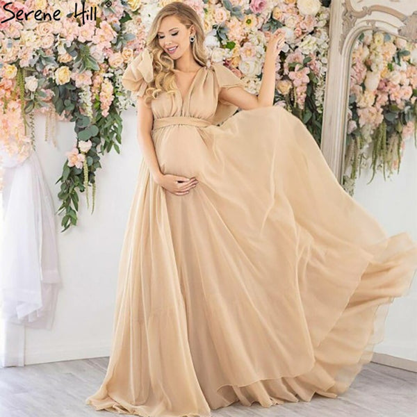 Serene Hill Gold Simple Short Sleeves Evening Dresses Gowns 2025 Pregnant Photography For Women Party HA2518