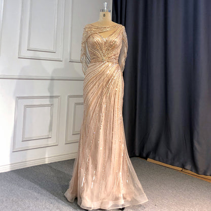 Serene Hill Goud Luxe Mermaid Avond Jurken 2025 Kralen V-hals Sparkle Elegante Voor Vrouwen Party LA70910A - SERENE HILL