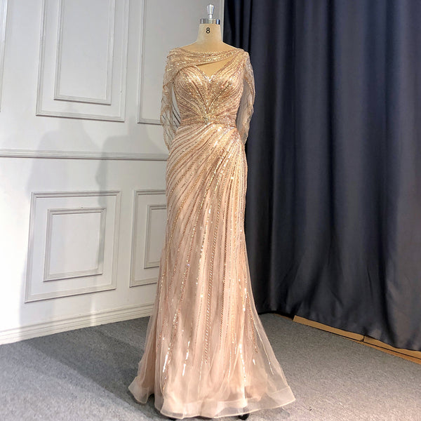 Serene Hill Goud Luxe Mermaid Avond Jurken 2025 Kralen V-hals Sparkle Elegante Voor Vrouwen Party LA70910A