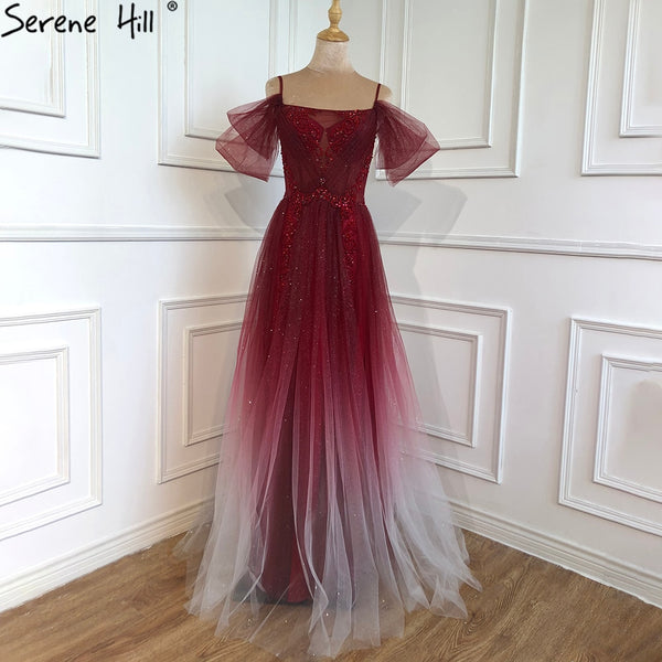 On Sale No Return No Refund  Serene Hill Gradual Wine Red A-Line Evening Gowns 2025 Beaded Spaghetti Strap For Women Party LA70776