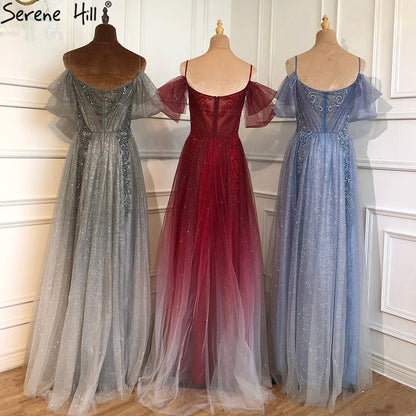 On Sale No Return No Refund Serene Hill Gradual Wine Red A-Line Evening Gowns 2025 Beaded Spaghetti Strap For Women Party LA70776 - SERENE HILL