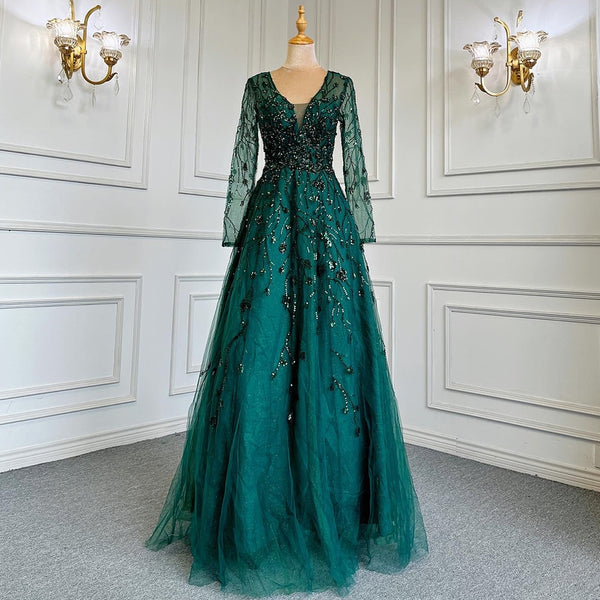 Serene Hill Green A-Line V-Neck Long Sleeves Evening Dresses Gowns Luxury Beaded 2025 For Women Wedding Party LA71702