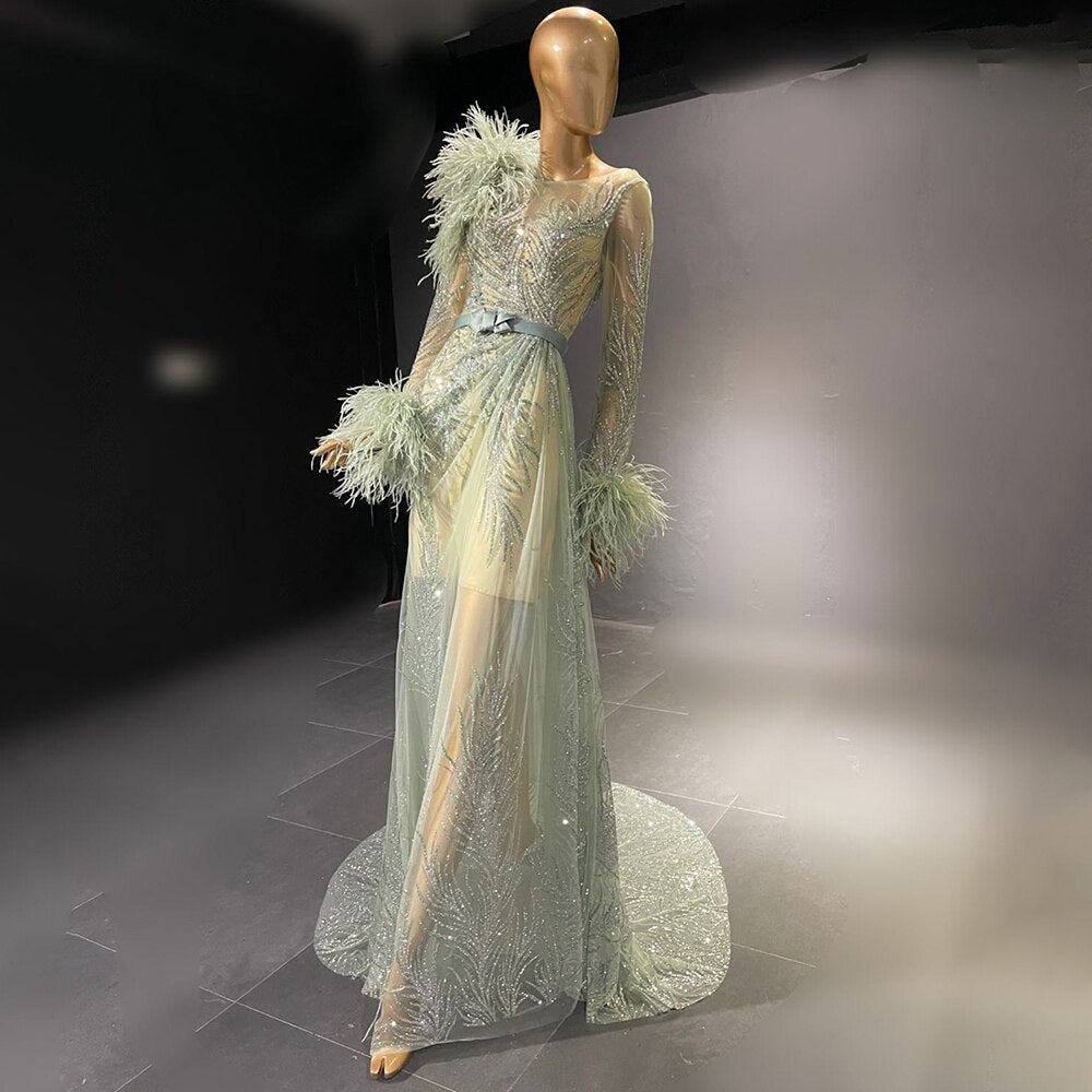 Serene Hill Green Beaded Feather Evening Dresses Gowns 2025 A-Line Luxury Elegant For Women Party LA71535 - SERENE HILL