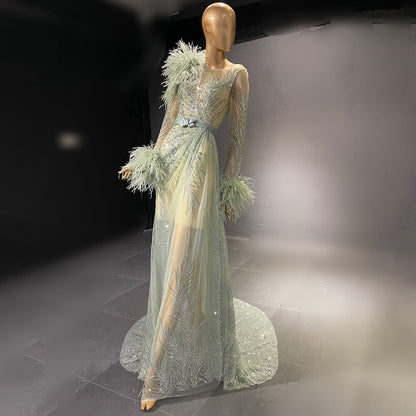 Serene Hill Green Beaded Feather Evening Dresses Gowns 2025 A-Line Luxury Elegant For Women Party LA71535 - SERENE HILL