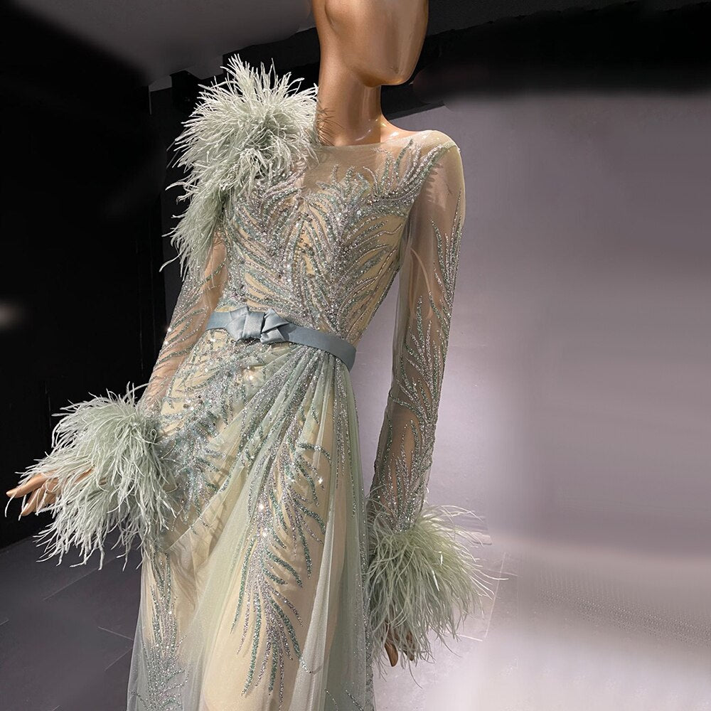 Serene Hill Green Beaded Feather Evening Dresses Gowns 2025 A-Line Luxury Elegant For Women Party LA71535 - SERENE HILL