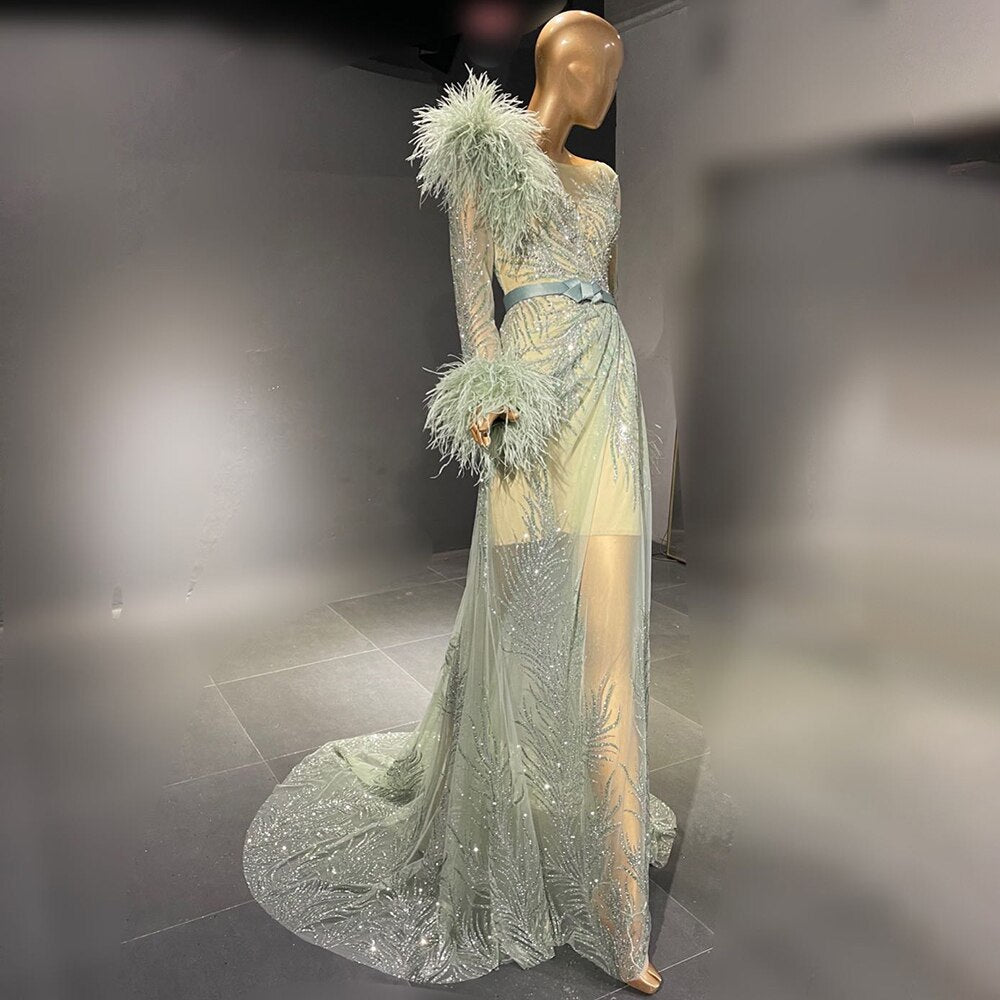 Serene Hill Green Beaded Feather Evening Dresses Gowns 2025 A-Line Luxury Elegant For Women Party LA71535 - SERENE HILL