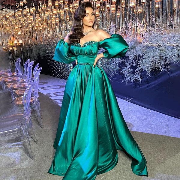 Serene Hill Green Beading Satin Evening Dresses Gowns 2025 A-Line Long  For Women Party LA71008