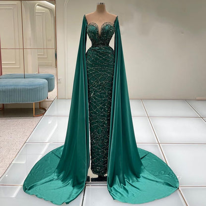 Serene Hill Green Cape Sleeves Luxury Evening Dresses Gowns 2025 Mermaid Beaded Elegant For Women Party LA71668 - SERENE HILL