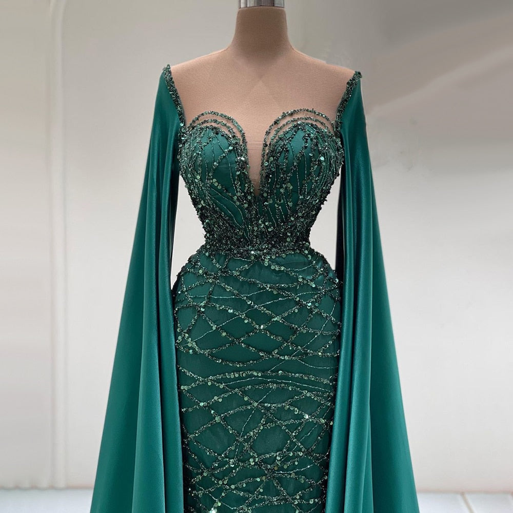 Serene Hill Green Cape Sleeves Luxury Evening Dresses Gowns 2025 Mermaid Beaded Elegant For Women Party LA71668 - SERENE HILL