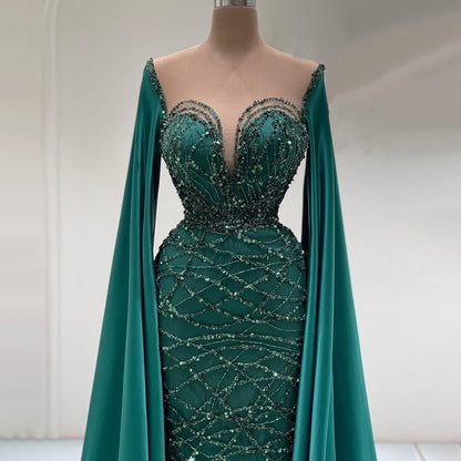 Serene Hill Green Cape Sleeves Luxury Evening Dresses Gowns 2025 Mermaid Beaded Elegant For Women Party LA71668 - SERENE HILL