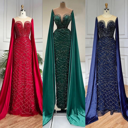 Serene Hill Green Cape Sleeves Luxury Evening Dresses Gowns 2025 Mermaid Beaded Elegant For Women Party LA71668 - SERENE HILL