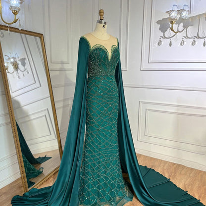 Serene Hill Green Cape Sleeves Luxury Evening Dresses Gowns 2025 Mermaid Beaded Elegant For Women Party LA71668 - SERENE HILL