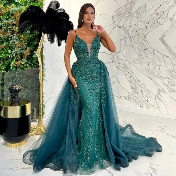 Serene Hill Green Detachable Skirt Sexy Spaghetti Straps Evening Dresses Gowns Mermaid Elegant Luxury Beaded 2025 Party LA71363