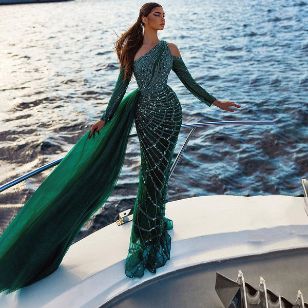 Serene Hill Green Elegant Floor Length Mermaid Sexy One Shoulder Beaded Evening Dresses Luxury Gowns For Woman 2025 LA71894