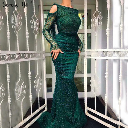 Serene Hill Green Elegant Mermaid Evening Dresses Gowns 2025 Backless Beaded Pearls Luxury For Women Party LA6340 - SERENE HILL