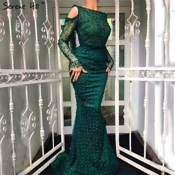 Serene Hill Green Elegant Mermaid Evening Dresses Gowns 2025 Backless Beaded Pearls Luxury For Women Party LA6340
