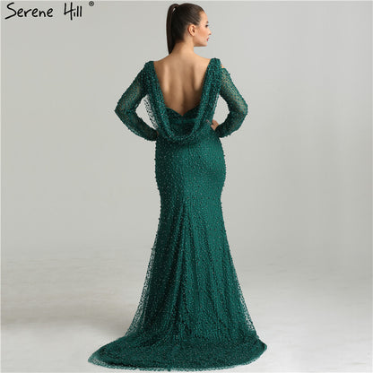 Serene Hill Green Elegant Mermaid Evening Dresses Gowns 2025 Backless Beaded Pearls Luxury For Women Party LA6340 - SERENE HILL