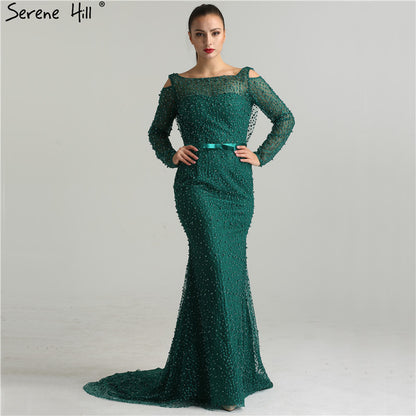 Serene Hill Green Elegant Mermaid Evening Dresses Gowns 2025 Backless Beaded Pearls Luxury For Women Party LA6340 - SERENE HILL