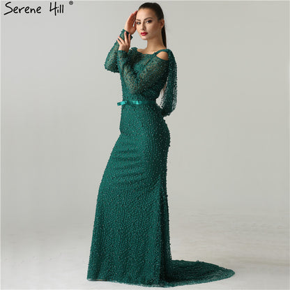 Serene Hill Green Elegant Mermaid Evening Dresses Gowns 2025 Backless Beaded Pearls Luxury For Women Party LA6340 - SERENE HILL