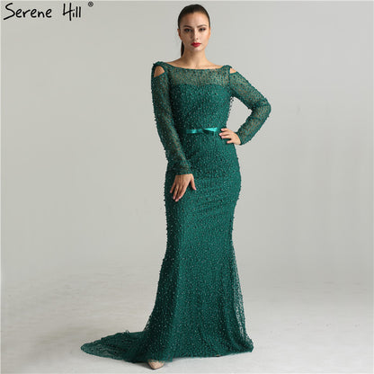 Serene Hill Green Elegant Mermaid Evening Dresses Gowns 2025 Backless Beaded Pearls Luxury For Women Party LA6340 - SERENE HILL
