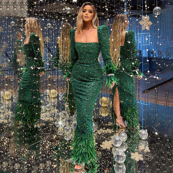Serene Hill Green Elegant Mermaid Evening Dresses Gowns 2025 Beaded Feather Luxury For Women Party LA71576
