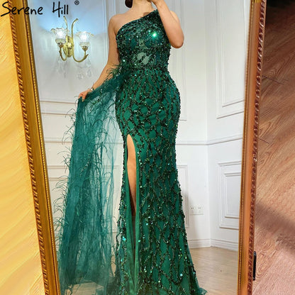 Serene Hill Green Elegant Mermaid Sexy One Shouder Split Evening Dresse Gowns Luxury Beaded Feathers 2025 Women Party LA70829 - SERENE HILL
