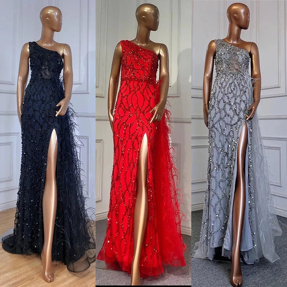 Serene Hill Green Elegant Mermaid Sexy One Shouder Split Evening Dresse Gowns Luxury Beaded Feathers 2025 Women Party LA70829 - SERENE HILL