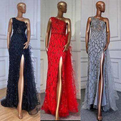 Serene Hill Green Elegant Mermaid Sexy One Shouder Split Evening Dresse Gowns Luxury Beaded Feathers 2025 Women Party LA70829 - SERENE HILL