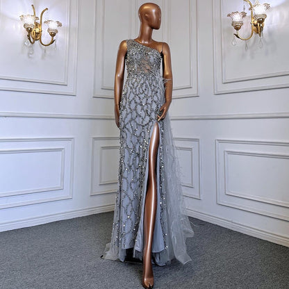 Serene Hill Green Elegant Mermaid Sexy One Shouder Split Evening Dresse Gowns Luxury Beaded Feathers 2025 Women Party LA70829 - SERENE HILL