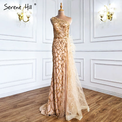 Serene Hill Green Elegant Mermaid Sexy One Shouder Split Evening Dresse Gowns Luxury Beaded Feathers 2025 Women Party LA70829 - SERENE HILL