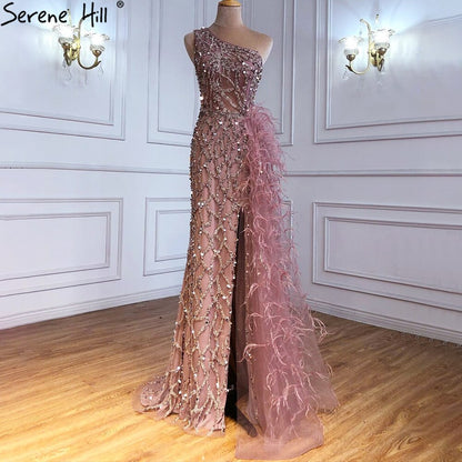 Serene Hill Green Elegant Mermaid Sexy One Shouder Split Evening Dresse Gowns Luxury Beaded Feathers 2025 Women Party LA70829 - SERENE HILL