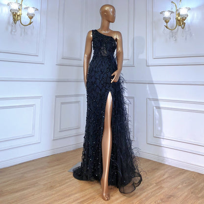 Serene Hill Green Elegant Mermaid Sexy One Shouder Split Evening Dresse Gowns Luxury Beaded Feathers 2025 Women Party LA70829 - SERENE HILL
