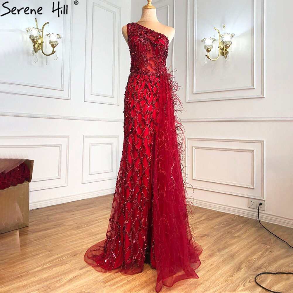 Serene Hill Green Elegant Mermaid Sexy One Shouder Split Evening Dresse Gowns Luxury Beaded Feathers 2025 Women Party LA70829 - SERENE HILL
