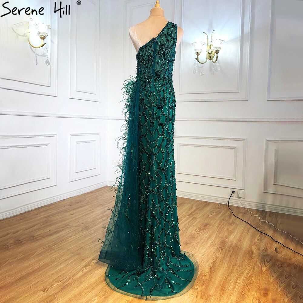 Serene Hill Green Elegant Mermaid Sexy One Shouder Split Evening Dresse Gowns Luxury Beaded Feathers 2025 Women Party LA70829 - SERENE HILL