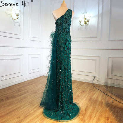 Serene Hill Green Elegant Mermaid Sexy One Shouder Split Evening Dresse Gowns Luxury Beaded Feathers 2025 Women Party LA70829 - SERENE HILL
