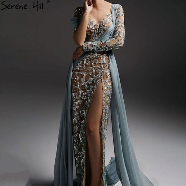 Serene Hill Green High Split Mermaid Evening Dresses Gowns 2025 Beaded Luxury Elegant For Woman Wedding Party LA71391