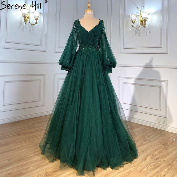 Serene Hill Green Lantern Sleeve Evening Dresses Gowns 2025 A-Line Beaded Luxury For Women Wedding Party LA71477